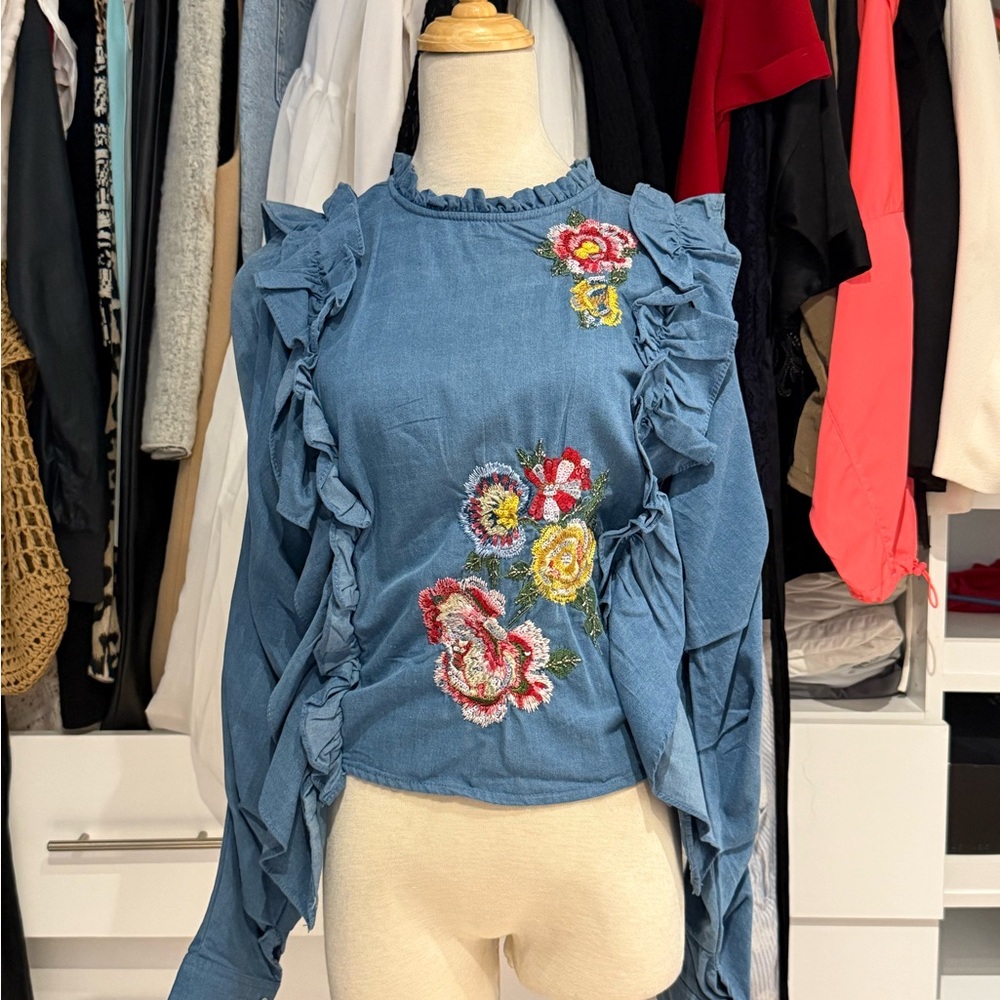 Zara Blue Denim Ruffled Embellished Blouse